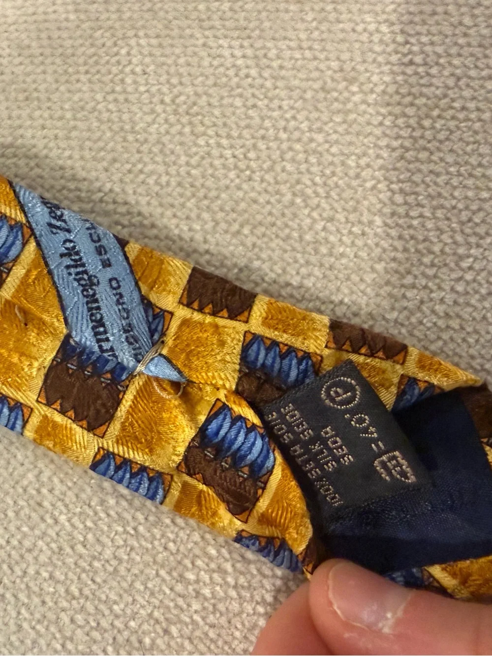 Ermenegildo Zegna Men’s Gold Silk Tie Blue Brown Geometric Made in Italy Vintage